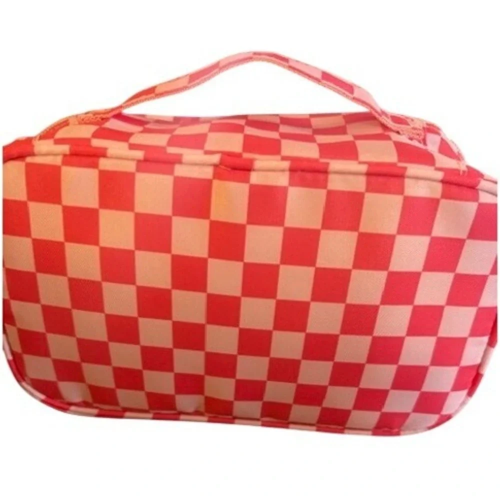 Pink White‎ Checkerboard Relavel Makeup Bag Travel Toiletry Organizer Pouch